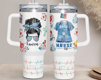 Custom Nurse Tumbler 40oz With Handle And Straw, Nurse Tumbler, Custom Nurse 40oz Stainless Steel Cup With Lid And Straw, Custom Nurse Gift