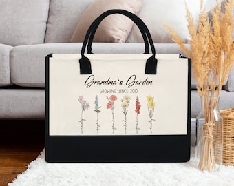 Custom Grandma's Garden Tote Bag, Personalized Birthflower Tote Bag, Grandmas Garden Bag with Grandkids, Gift for Grandma, Christmas Gift