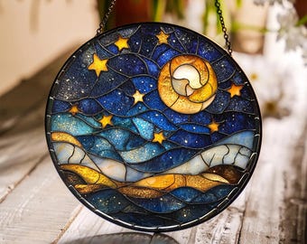 月と星のステンドグラスのサンキャッチャー、天体の夜空の装飾、手作り