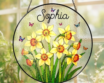 Custom Birth Flower Stained Glass Suncatcher, Birth Month Flower Stained Glass Suncatcher,Birth Flower Memorial Gift,Mother Day Gift For Mom