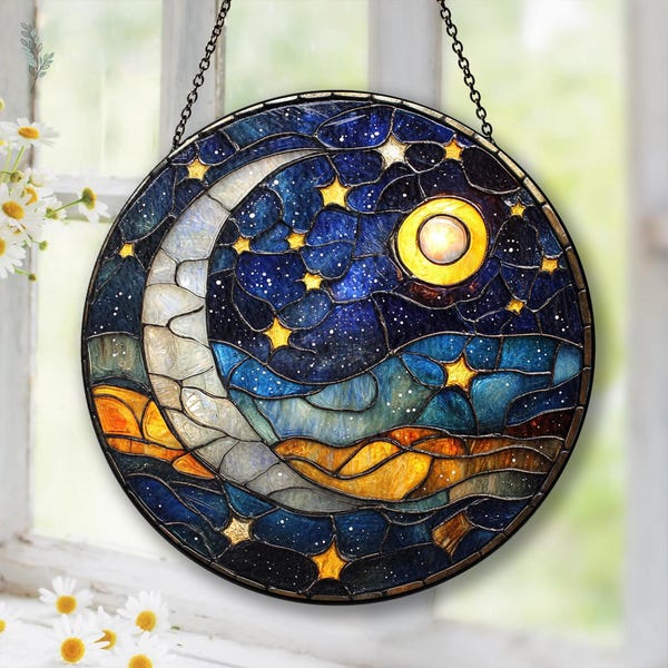 Moon and Star Stained Glass Suncatcher, Celestial Night Sky Ornament, Handmade Unique Christmas Gift, Spiritual Home Decor for Windows