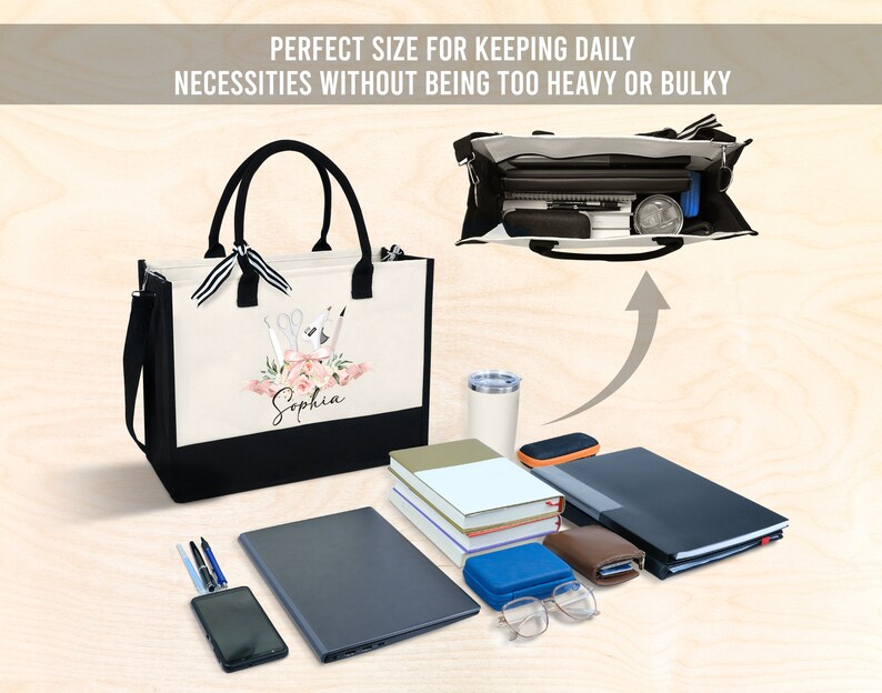 May include: A canvas tote bag with black handles and a black bottom. The bag features a floral design with the name "Sophia" and the text "PERFECT SIZE FOR KEEPING DAILY NECESSITIES WITHOUT BEING TOO HEAVY OR BULKY". The bag is open, revealing its contents.