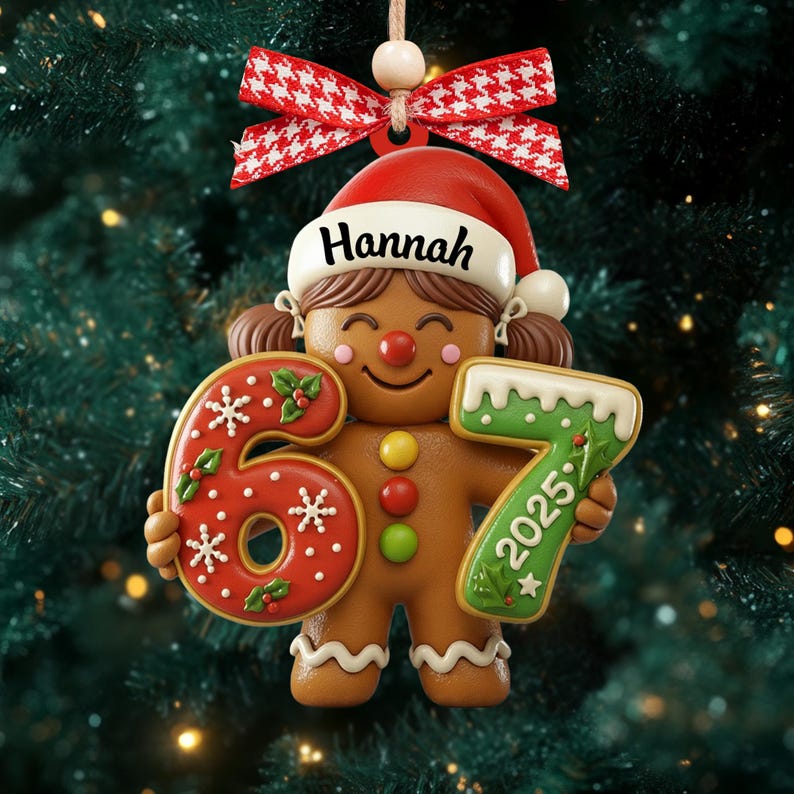 May include: A gingerbread-style Christmas ornament featuring a girl wearing a Santa hat with the name "Hannah". The ornament holds the numbers "6" and "7" with "2025" on the "7". The ornament is decorated with red, green, and white icing and a red and white bow.