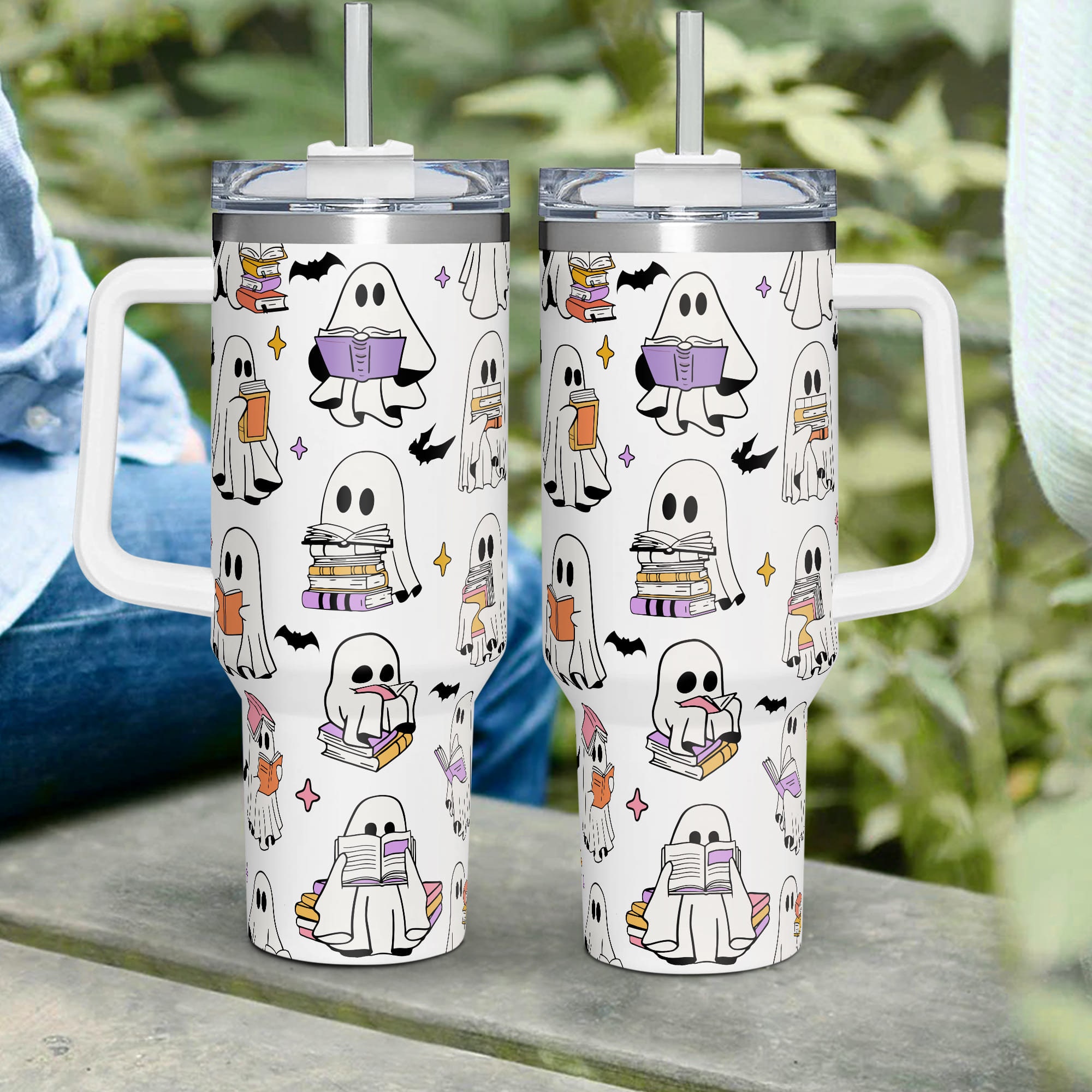 Personalized Name Ghost Reading Tumbler 40oz With Handle, Funny Halloween Ghost Tumbler, Cute Spooky Tumbler With Lid and Straw, Halloween Bookish Gift