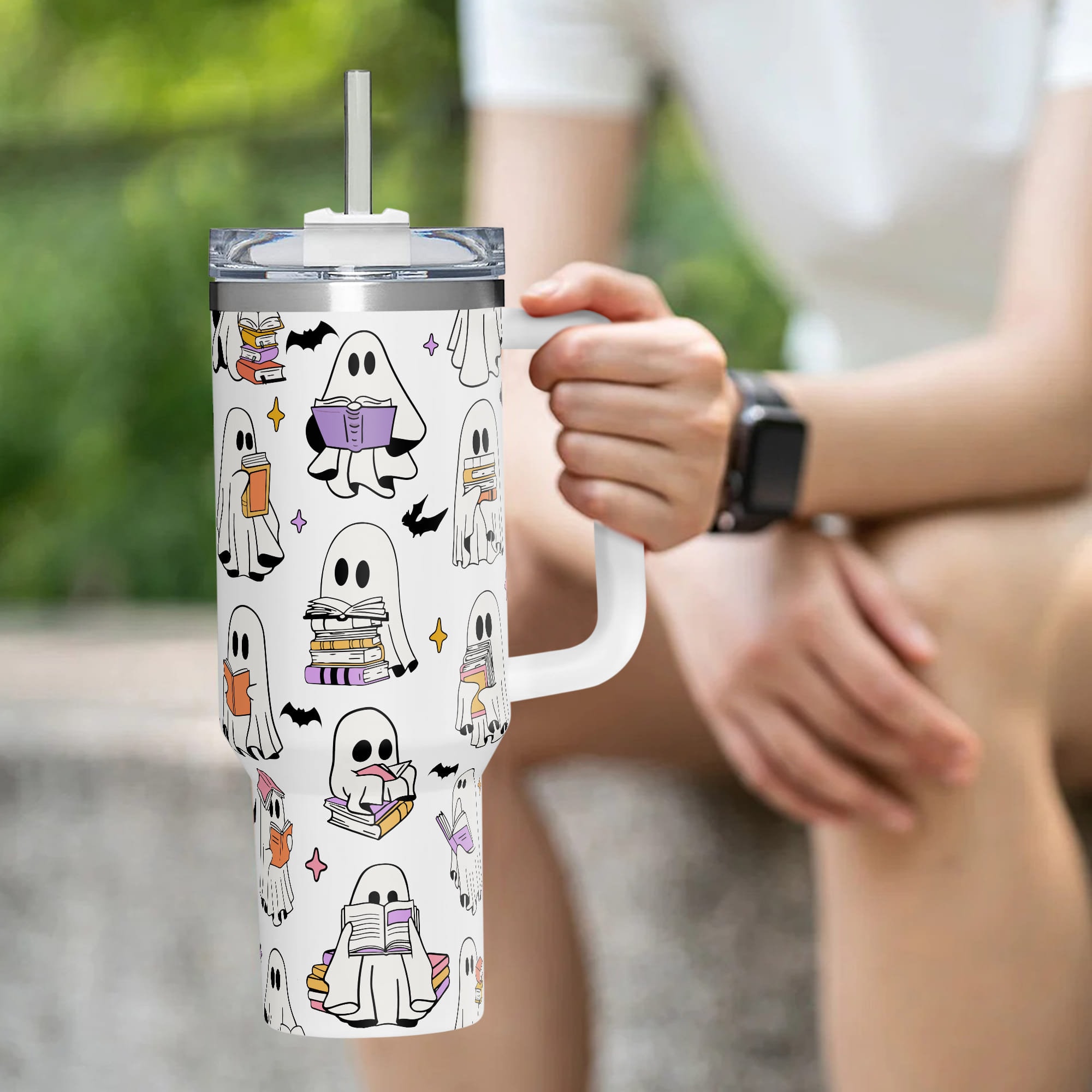 Personalized Name Ghost Reading Tumbler 40oz With Handle, Funny Halloween Ghost Tumbler, Cute Spooky Tumbler With Lid and Straw, Halloween Bookish Gift