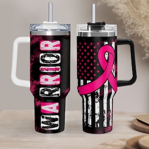 Breast Cancer Awareness Glitter Pink Tumbler 40oz With Handle, Breast Cancer Awareness 40oz Stainless Steel Tumbler With Lid and Straw