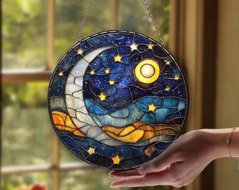 月と星のステンドグラスのサンキャッチャー、天体の夜空の装飾、手作り