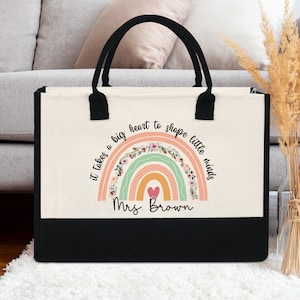 Personalized Rainbow Teacher Tote Bag, Custom Teacher Bag, Floral Rainbow Bag, Teacher Gift, Teacher Appreciation Gift,Teacher Thank You Bag