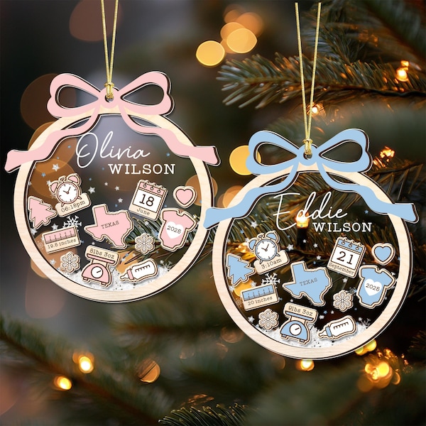 Personalized Baby's First Christmas Ornament: Coquette Bow Girl Newborn Keepsake - 4D Shaker