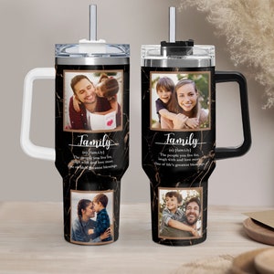 Familienzitat-Fotobecher 40 Unzen mit Griff, kundenspezifischer Familienfoto-Becher 40 Unzen, schwarzer Marmor 40 Unzen Edelstahlbecher mit Deckel und Strohhalm
