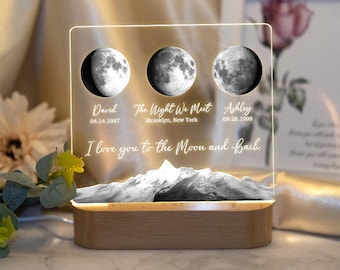 Lámpara de luna personalizada, luz nocturna personalizada, fase lunar, luz nocturna acrílica LED, decoración de habitación para parejas, placa de regalo de San Valentín para él y ella