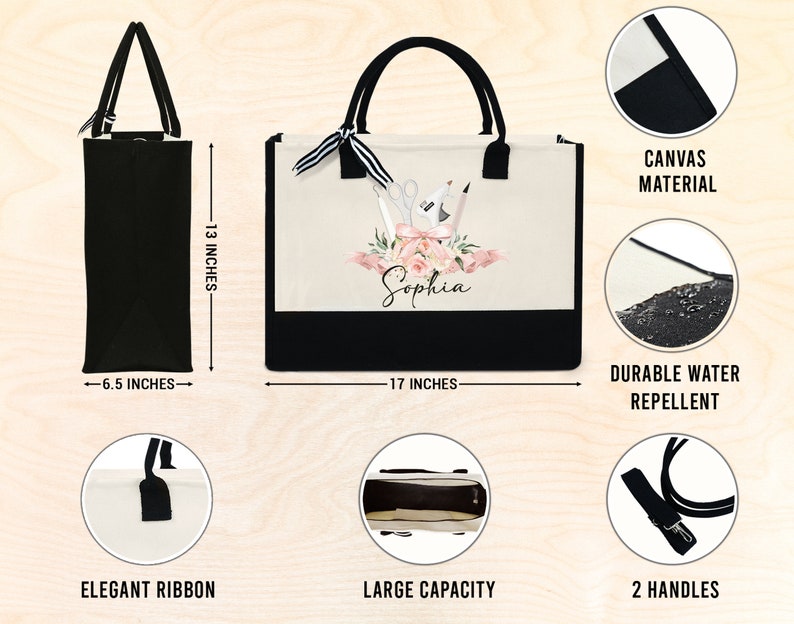May include: Black and cream tote bag, 17 inches wide and 13 inches tall, with black handles and a black bottom. The bag features a floral design with the name "Sophia" and the words "Canvas Material" and "Durable Water Repellent".