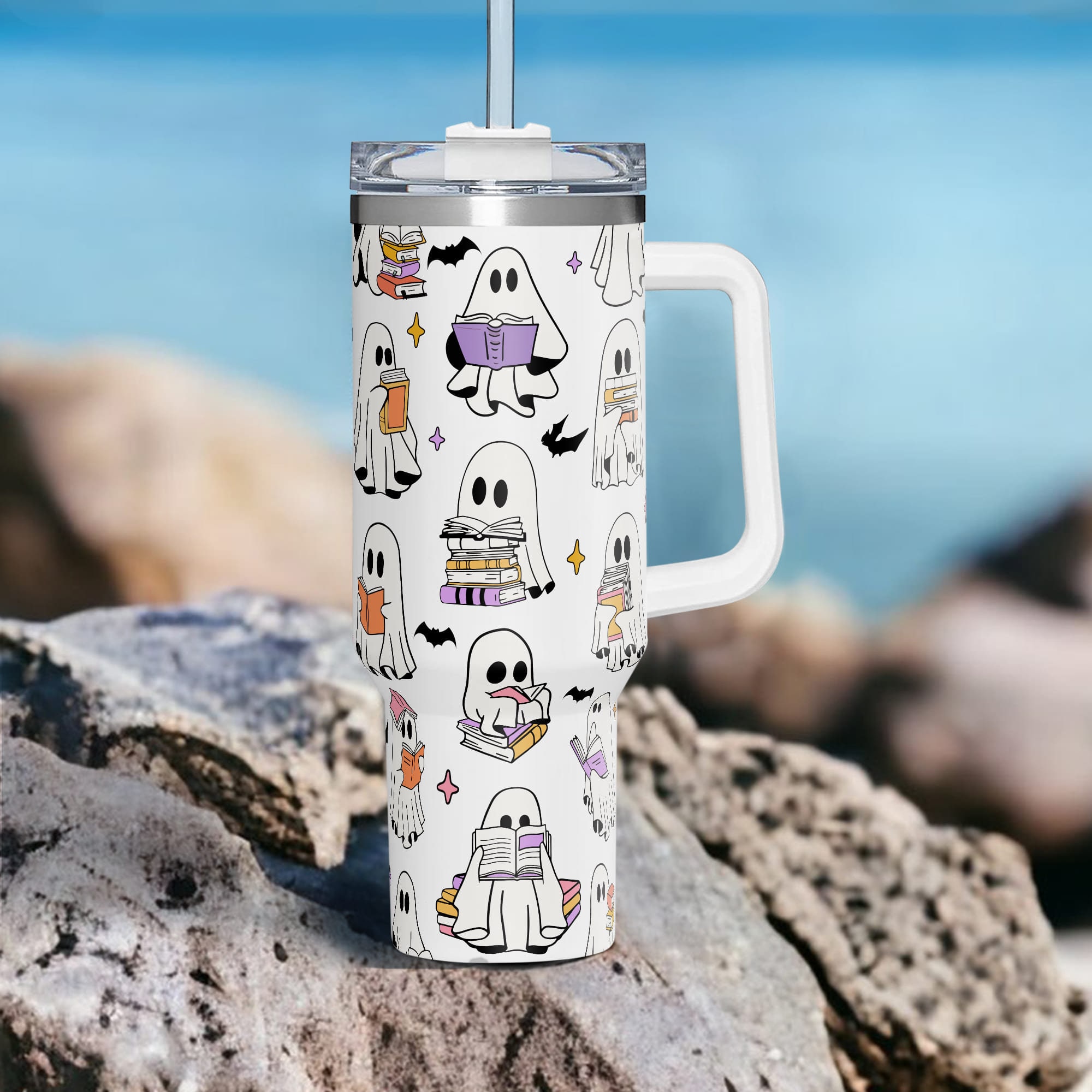 Personalized Name Ghost Reading Tumbler 40oz With Handle, Funny Halloween Ghost Tumbler, Cute Spooky Tumbler With Lid and Straw, Halloween Bookish Gift