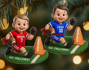 Personalized Brunette Boy Flag Football Ornament: 2025 Christmas Keepsake