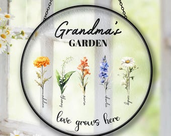 Grandma Gift, Personalized Grandma's Garden Gift For Grandma, Mother's Day Gift For Grandma, Nana Birth Month Flower Stain Glass Suncatcher