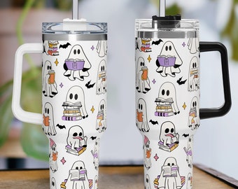 Ghost Reading Tumbler 40oz With Handle, Funny Halloween Ghost Tumbler, Cute Spooky Tumbler With Lid and Straw, Halloween Bookish 40oz Bottle