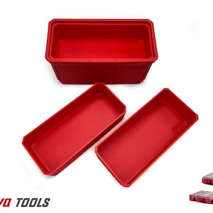 May include: Three red plastic storage containers with the word "Sova" printed on the bottom of two of the containers. The containers are empty and ready to be filled with tools or other small items.