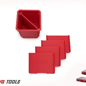 May include: Red plastic storage containers with dividers. The containers are stackable and have the word "Sova" printed on the front.