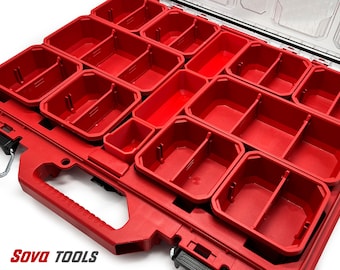 May include: Red plastic storage box with multiple compartments for organizing small items. The box has a handle and the words "Sova Tools" printed on the side.
