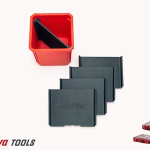 May include: Red plastic storage container with a black divider inside. Four black plastic dividers with the word "Sova" printed on them. Two smaller red plastic storage containers.
