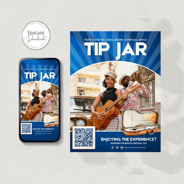 Virtual Tip Jar Template with QR Code, Instant Download, Editable, Printable, For Musicians, Venmo Payment Sign, Tips Accepted Sign, Canva