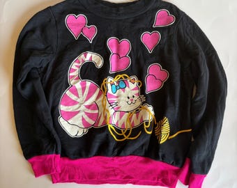 Vintage 90s Girls Athletic Works Cat Hearts Yarn Sweatshirt Black Pink Size 6
