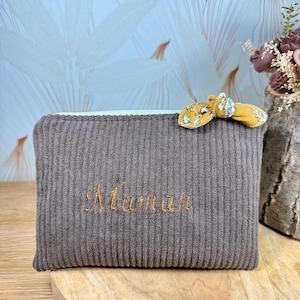 petite pochette velours Taupe personnalisée, porte monnaie, trousse maquillage, trousse bijoux, trousse noeud, trousse, pochette prénom