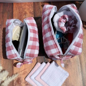 Trousse de toilette imperméable matelassé vichy rose, trousse de toilette femme, trousse de toilette matelassé, trousse de toilette carreau
