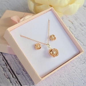 Poppy Pendant and Earrings, Botanical Design Jewellery Set August Birthday, Remembrance, Rose gold and Silver Poppy, Nature Inspired