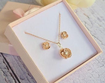 Sterling Silber Mohn Anhänger und Ohrringe Set: Rose Gold August Geburtsblume