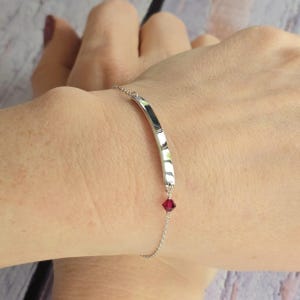 Sterling Silver ID Bracelet: Dainty Ruby Swarovski, July Birthstone