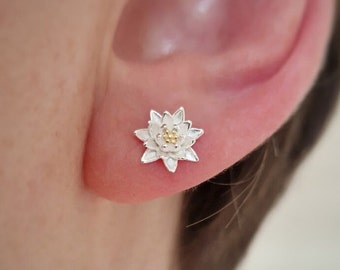 Waterlily sterling silver stud earrings, July birthday, Lily floral earrings