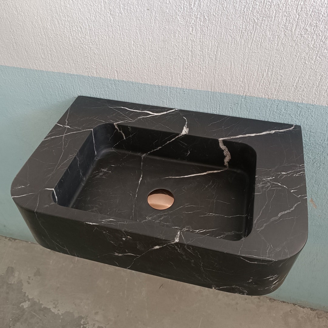 Nero Marquina Sink, Black and White Sink, Stone Wall Mount Sink