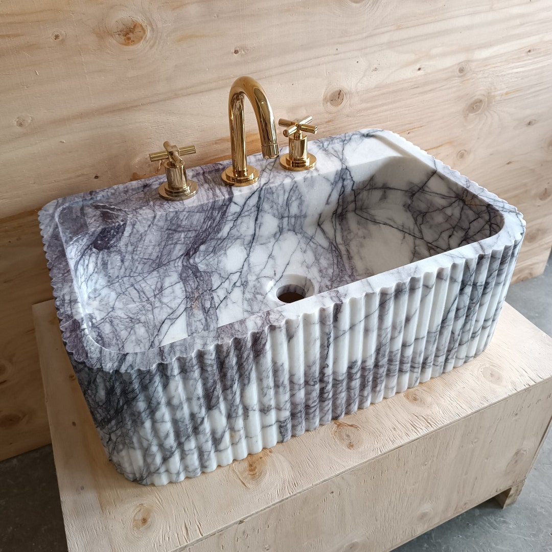 Fluted Farm Sink 24''x16''x8'' Powder Bathroom Sink, Handmade Marble