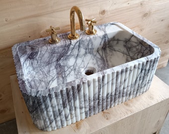 Fluted Farm Sink 24''x16''x8'' Powder Bathroom Sink, Handmade Marble Sink, Custom Stone Sink, Unique Decor, Natural Stone Basin, Vanity Sink