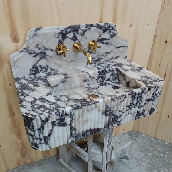 Lavabo Calacatta Viola, lavabo in marmo di lusso, lavabo per bagno in fattoria, elegante lavabo Viola, lavabo in marmo a parete, lavabo per toilette