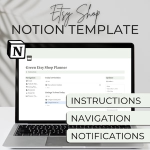 Green Etsy Seller Notion Planner Template, Notion Template for Etsy Sellers, Etsy Shop Planner, Etsy Store Template Notion, Notion for Etsy