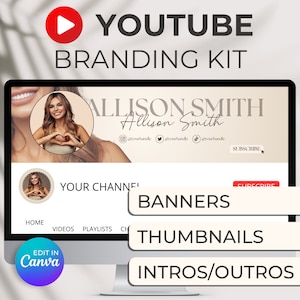 Minimales YouTube Brand Kit, bearbeitbares Banner Intro & Outro und Logo, 8 benutzerdefinierte Canva-Vorlagen, YouTube Branding Kit Bundle