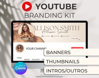 Minimales YouTube Brand Kit, bearbeitbares Banner Intro & Outro und Logo, 8 benutzerdefinierte Canva-Vorlagen, YouTube Branding Kit Bundle