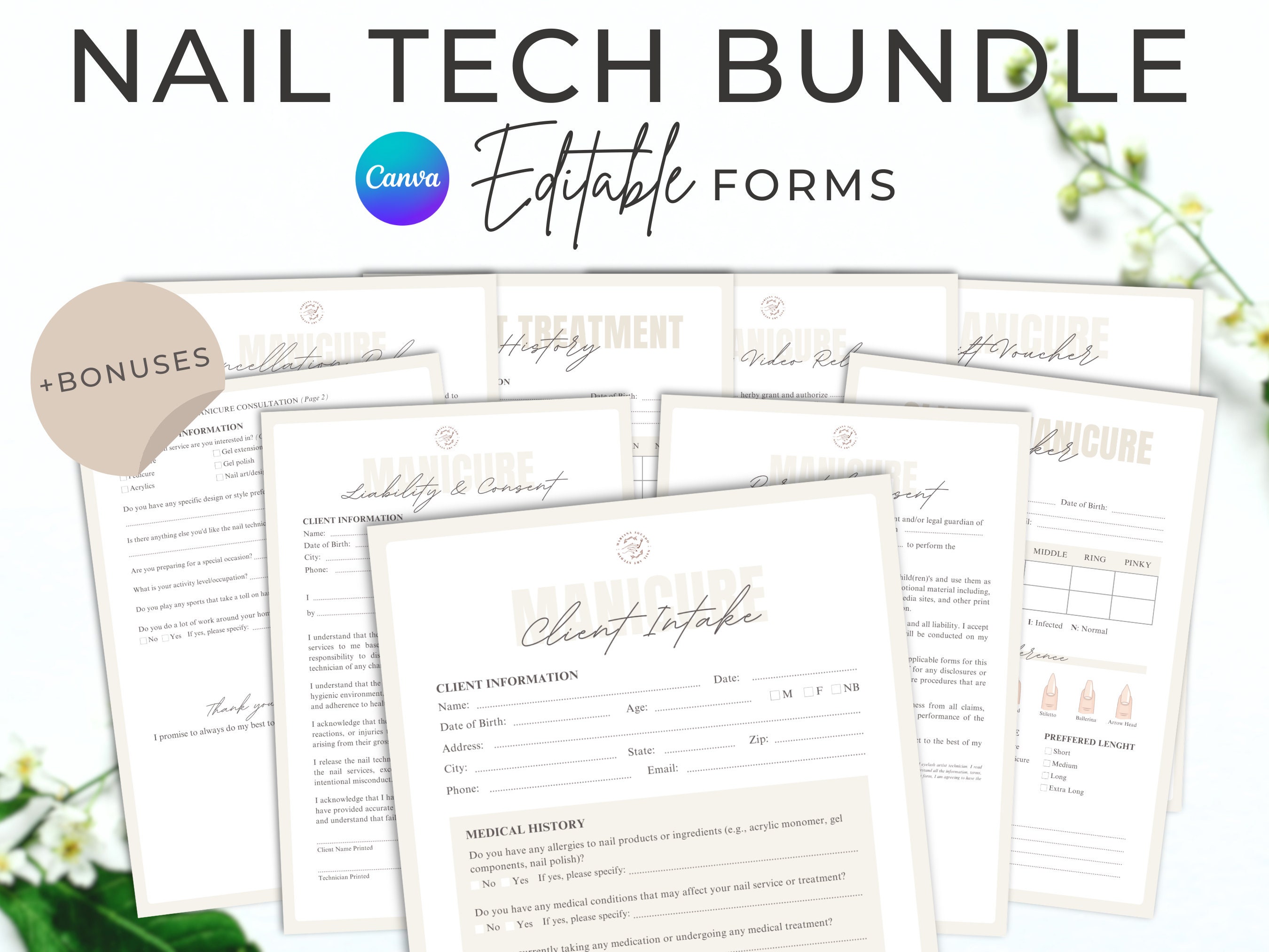Editable Nail Tech Forms Bundle, Nail Consultation Form Canva Template ...