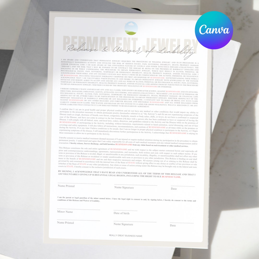 Permanent Jewelry Waiver Form Template Jewelry Consent - Etsy