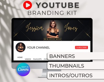 Kit de marque YouTube noir et or pour agent immobilier, introduction et conclusion de la bannière d'agent immobilier et logo, lot de kits de marque YouTube, 8 modèles Canva