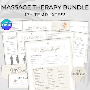 May include: A set of 17 printable templates for massage therapy businesses. The templates include a new client intake form, an established client intake form, a photo and video release form, a gift card template, and a medical history form. The templates are designed in a minimalist style with a beige background and black text. The text "Massage Therapy Bundle" and "17+ Templates!" is displayed at the top of the image. The text "Edit in Canva" is displayed in a blue circle at the top left of the image. The text "+3 Bonuses!!" is displayed in a white circle at the bottom right of the image.