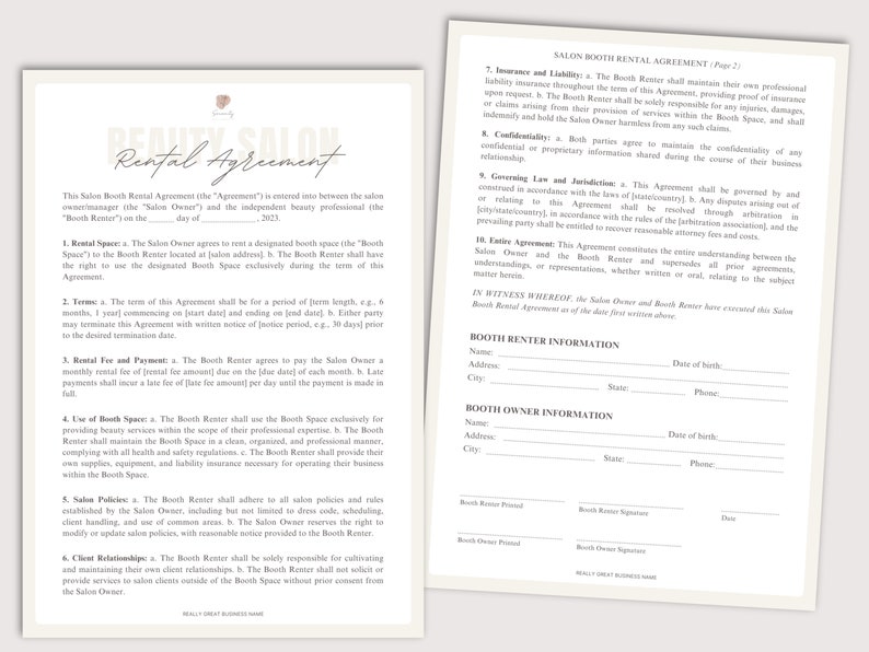 Professional Salon Booth Rental Contract Form, Salon Station Lease