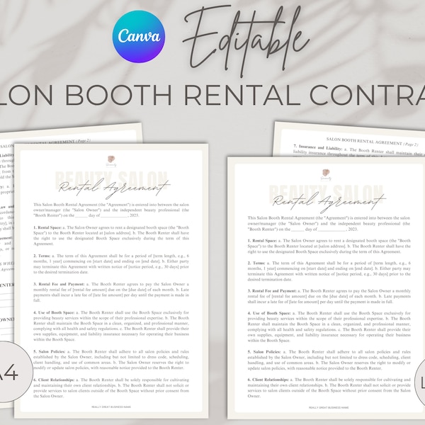 Professional Salon Booth Rental Contract Form, Salon Station Lease Agreement Canva Template, Editable Salon Chair Printable, Salon Station
