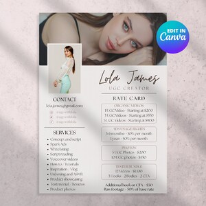Plantilla de tarjeta de tarifas UGC editable, hoja de tarifas UGC minimalista, plantilla Canva del kit de medios moderno, kit de prensa de Tiktok Instagram, enlaces en los que se puede hacer clic