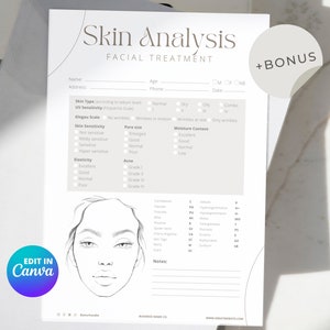 Hautanalytik-Formular, Hautpflege-Vorlage, Kosmetikerin Gesichtsbehandlung, Schönheitssalon-Kunde, Spa-Business zum Ausdrucken