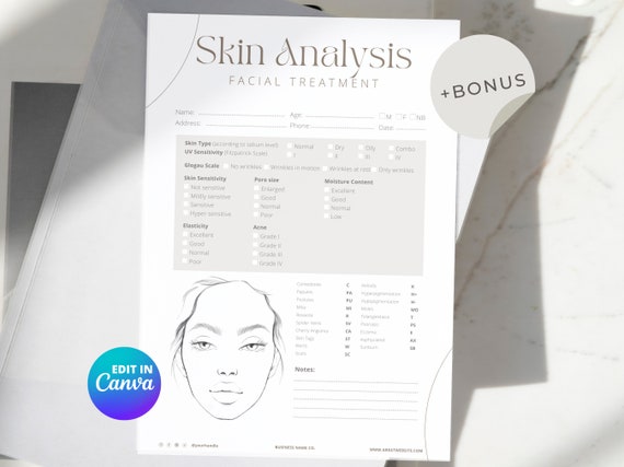 Skin Analysis Form Template, Skincare Template, Esthetician Facial Treatment Form, Beauty Salon Client Face Mapping, Spa Business Printable