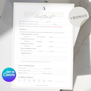 Professional Makeup Artist Contract Template, MUA Contract Wedding, Makeup Consultation Form, MUA Booking Form, Makeup Artist Face Chart