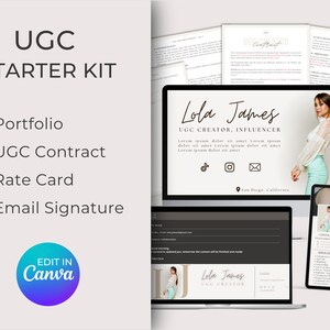 Kit de inicio del paquete UGC Creator, cartera de UGC, plantilla de contrato de UGC editable, hoja de tarifas de influencers, firma de correo electrónico con enlaces en los que se puede hacer clic
